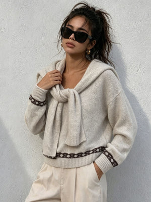 cream pullover sweater with geometric and cowl neck