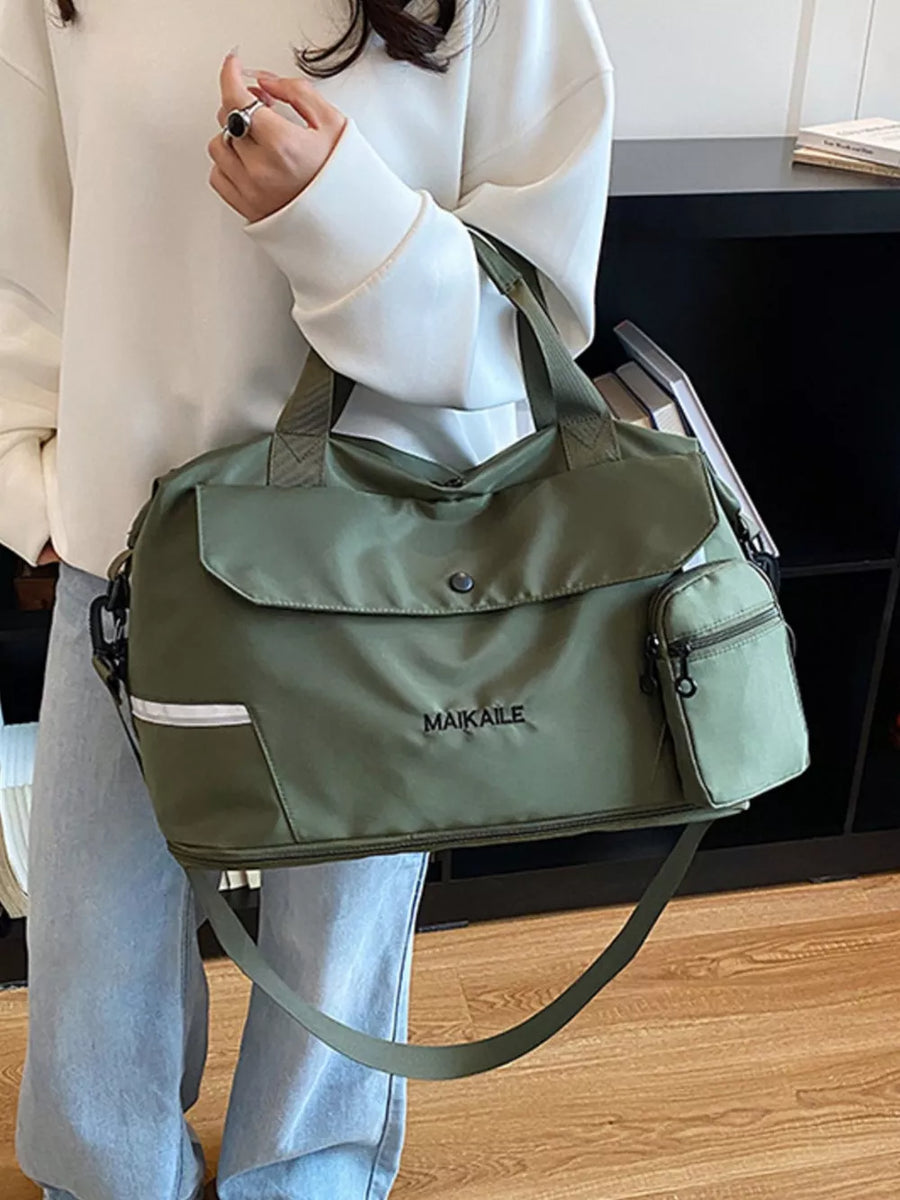 Olive green duffel bag with MAIKAILE logo, multiple pockets, and reflective stripe detail.