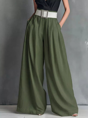 Belted high-waisted wide-leg pants in army green with a white belt and silver buckle.