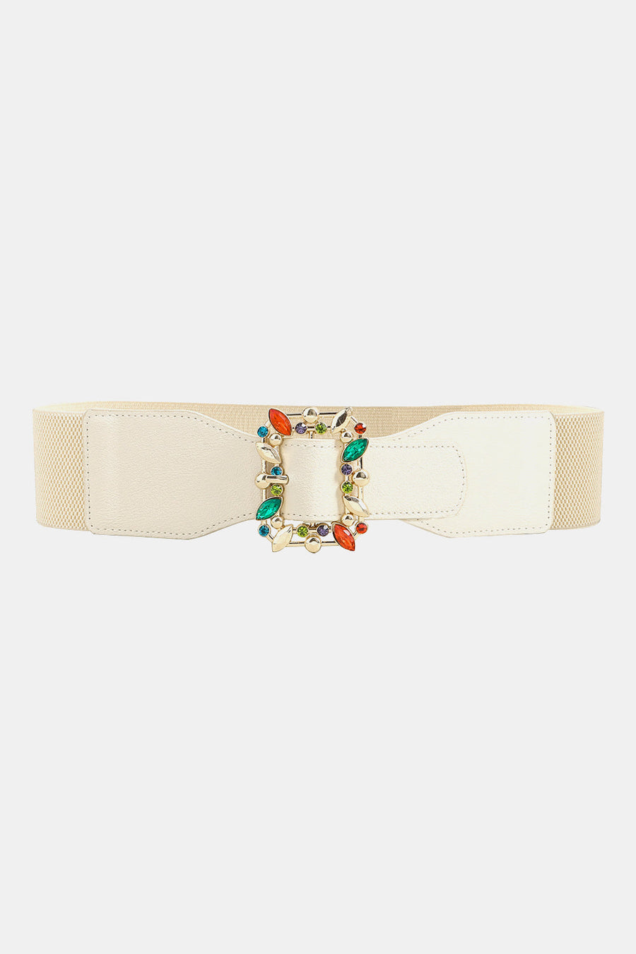Ivory elasticated belt with jeweled buckle and colorful stones
