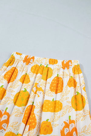 Short Sleeve Pumpkin Print Polka Dot Trim Lounge Set in yellow