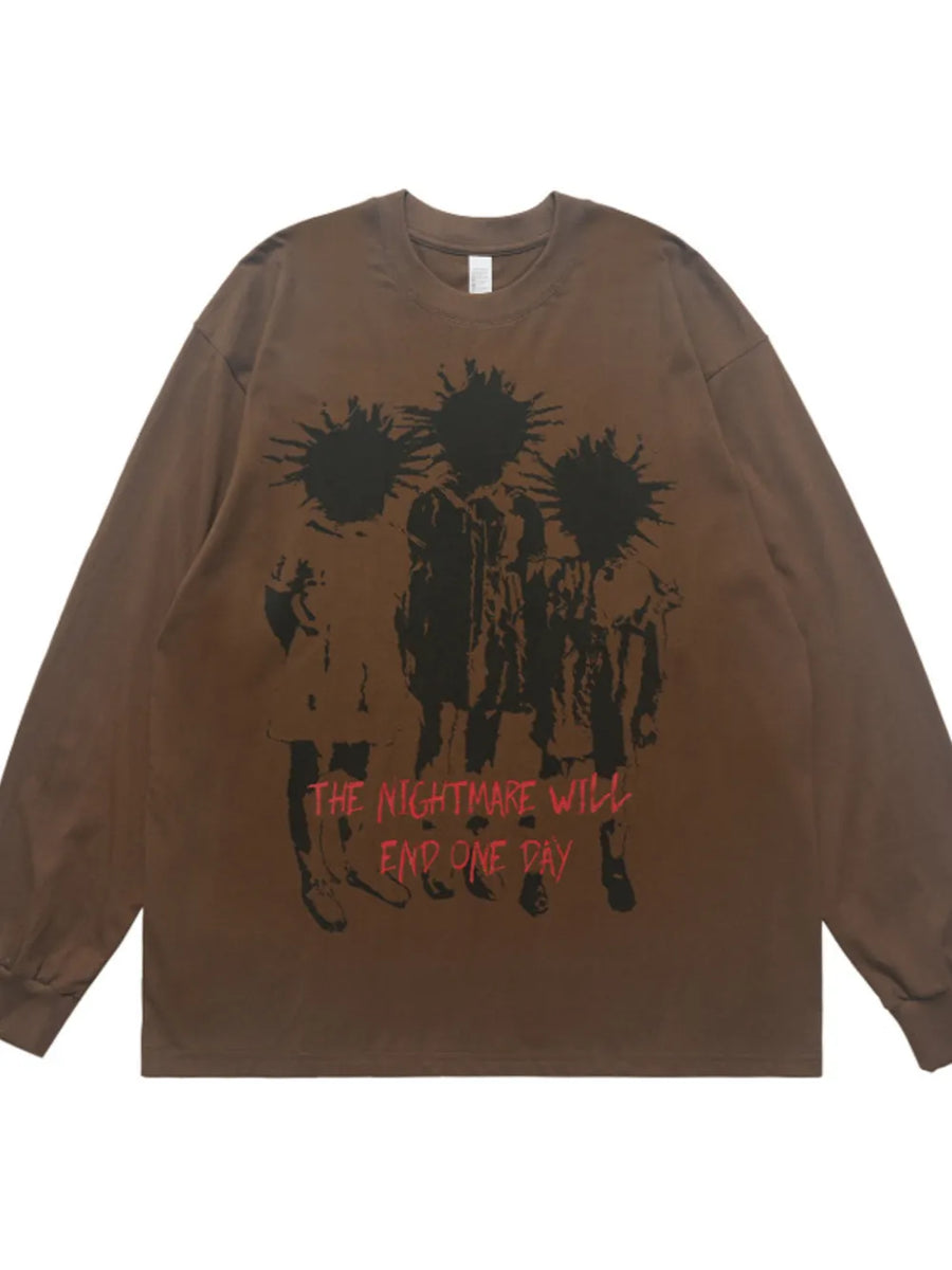 Brown cotton oversized graphic long sleeve tee with distressed figures and text graphic.