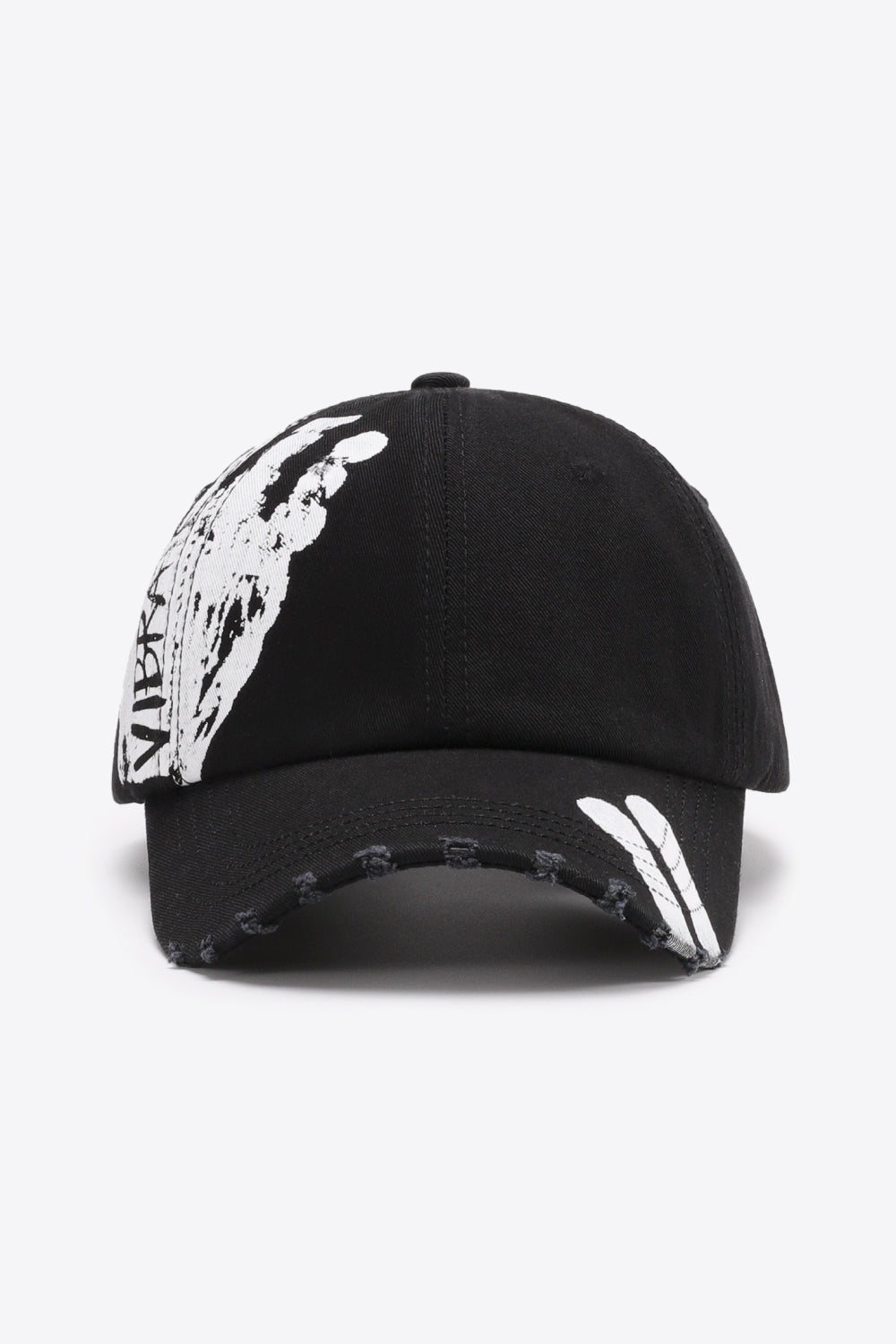 Black baseball cap with white graffiti art and distressed brim