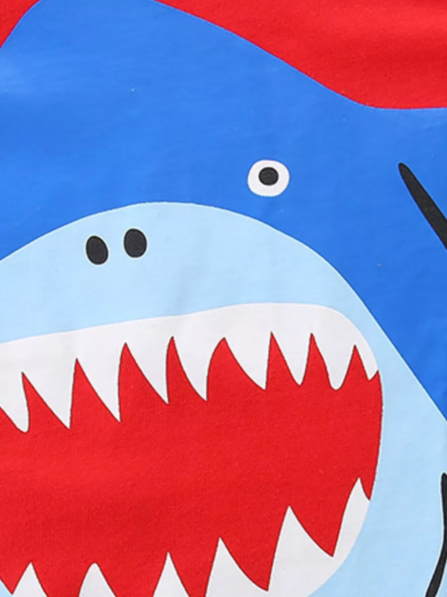 Toddler cotton set with a playful blue shark graphic and red accents.