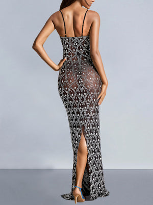 silver maxi dress featuring rhinestone and geometric