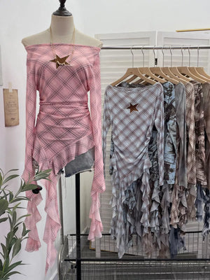 Pink plaid asymmetrical ruffle hem t-shirt with star detail, off-the-shoulder neckline.