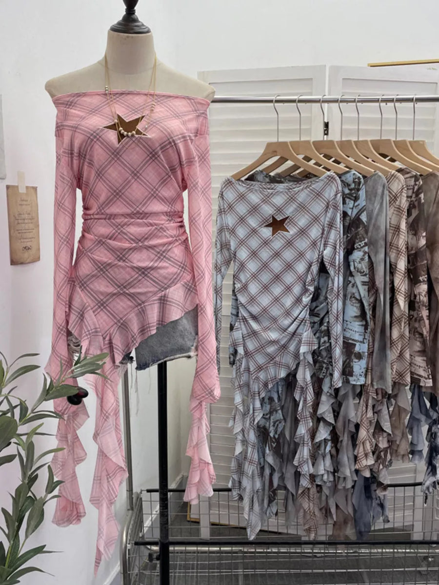 Pink plaid asymmetrical ruffle hem t-shirt with star detail, off-the-shoulder neckline.