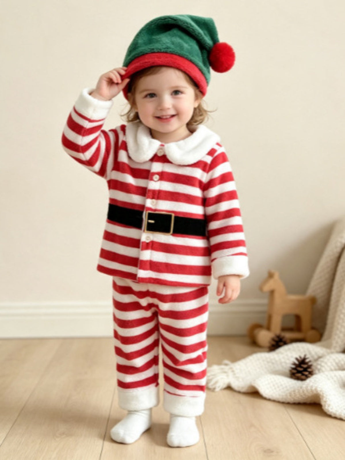 red pajama set with striped and peter pan collar
