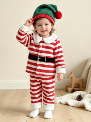 red pajama set with striped and peter pan collar