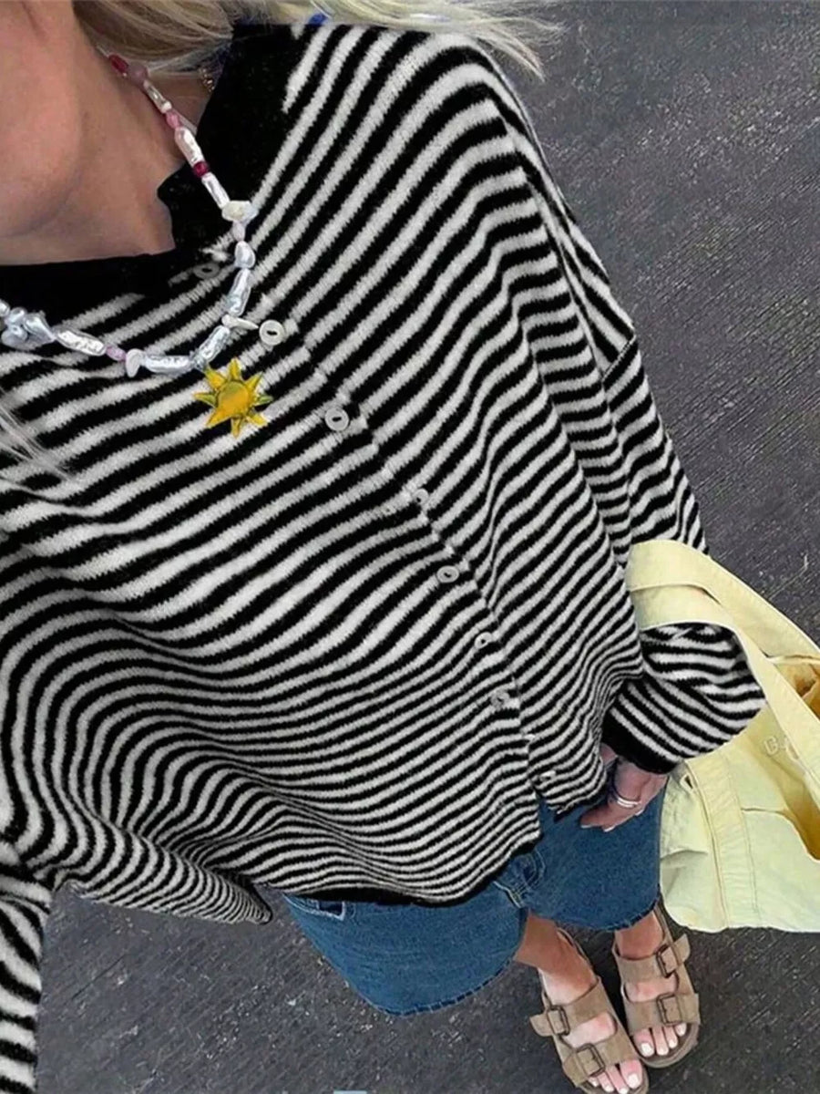 Striped Knit Button Up Cardigan in Khaki, view 15