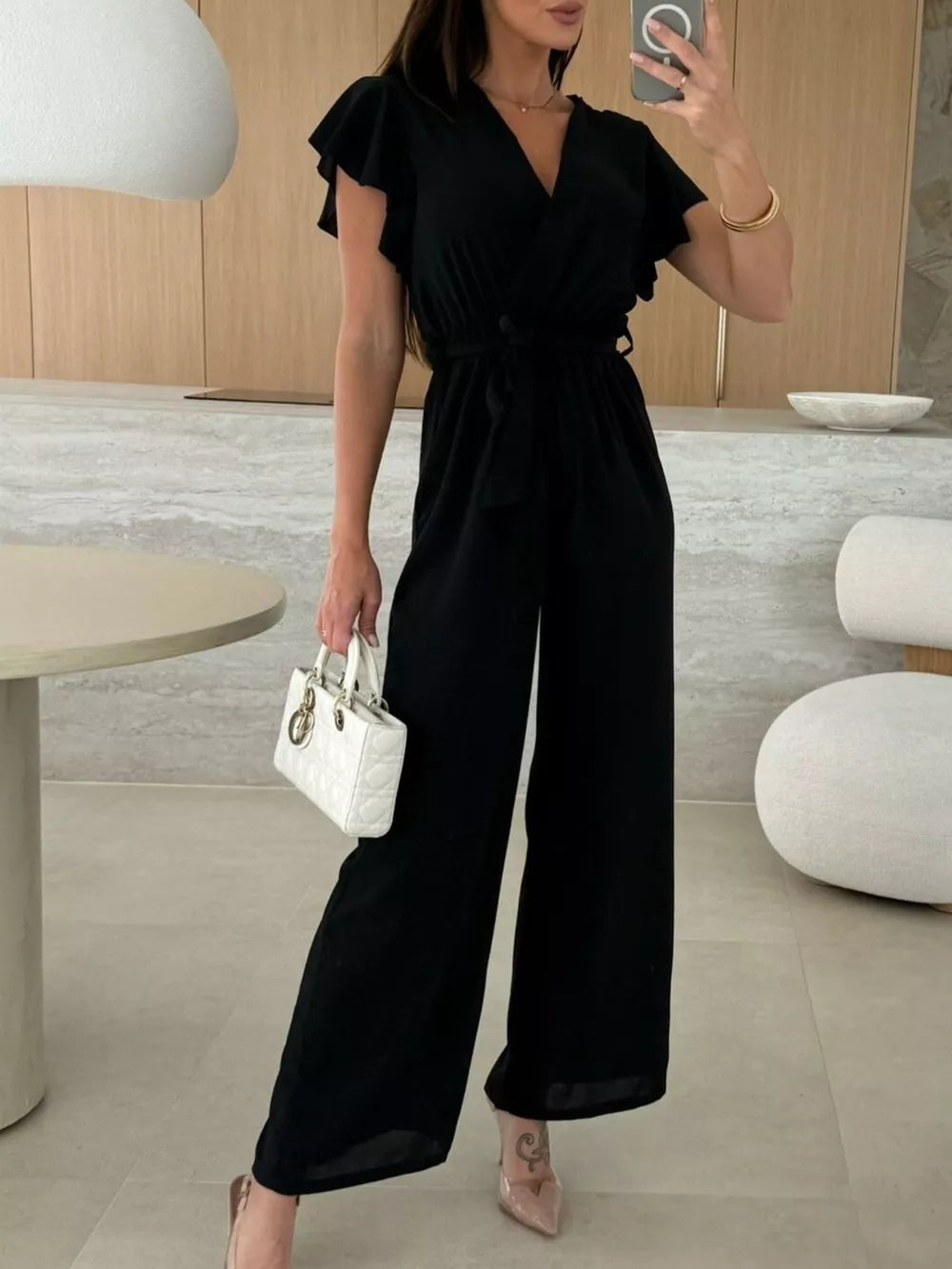 Fuchsia Pink Surplice Ruffle Sleeve Wide Leg Jumpsuit