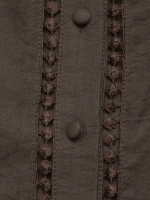 dark brown blouse with lace detail and long sleeve