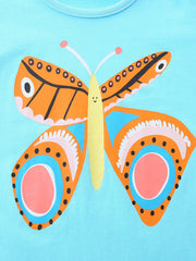 Light blue cotton t-shirt with a colorful butterfly graphic and smiling face.
