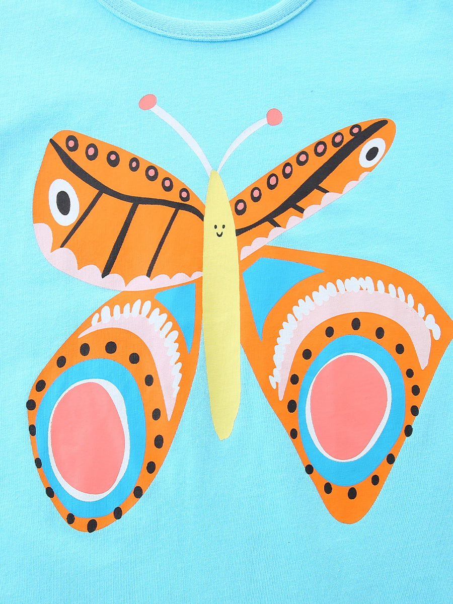 Light blue cotton t-shirt with a colorful butterfly graphic and smiling face.