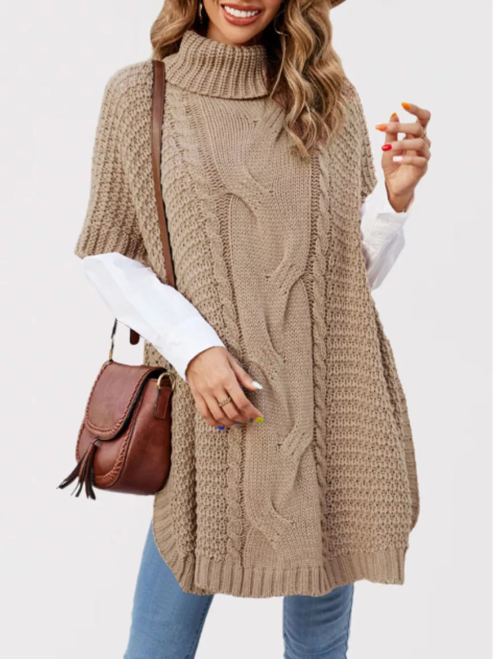 camel turtleneck sweater with cable knit and turtleneck