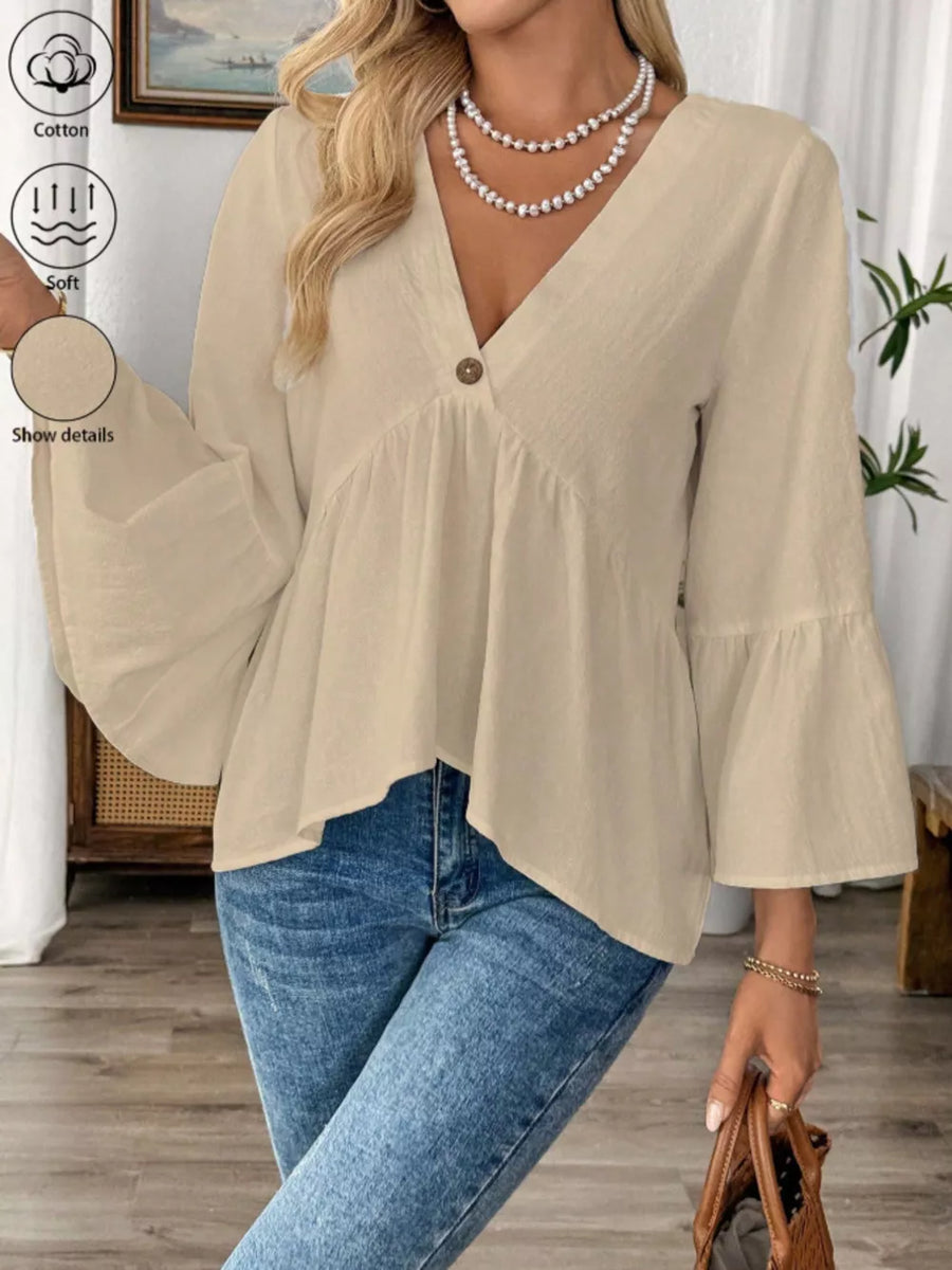 Apricot cotton V-neck bell sleeve blouse with button detail