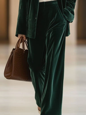 Velvet Blazer And Wide-Leg Pants Set in Burgundy with buttoned