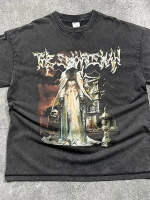 Vintage wash black graphic tee with a hooded figure and gothic imagery.