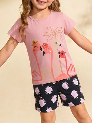 Pink flamingo graphic tee and floral print shorts for baby girls, cotton blend.