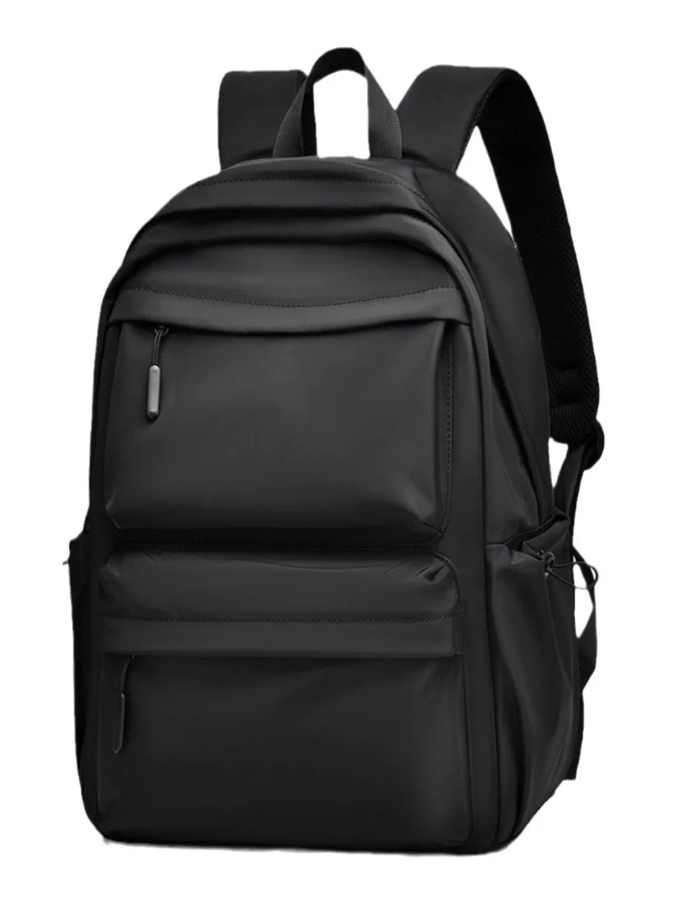 Black urban commuter backpack with multiple exterior pockets and zippers.