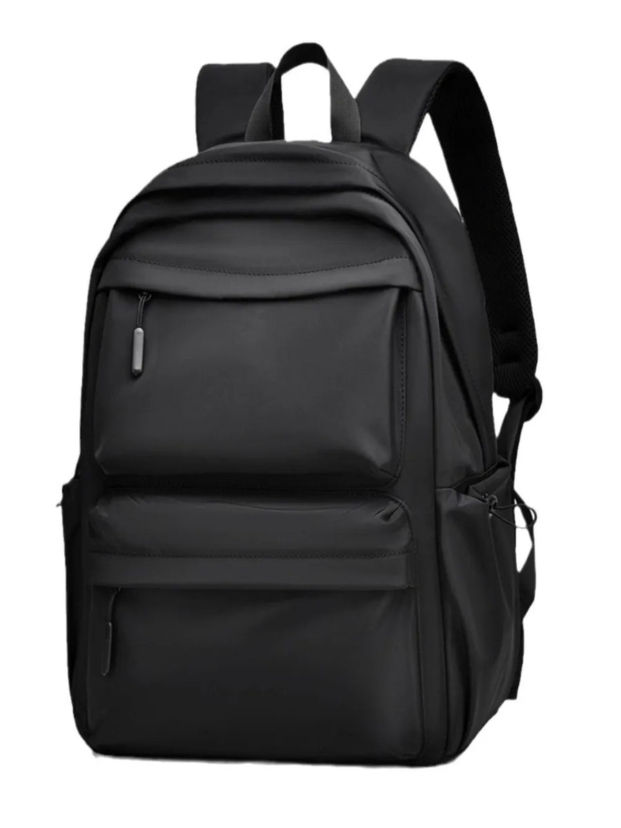 Black urban commuter backpack with multiple exterior pockets and zippers.