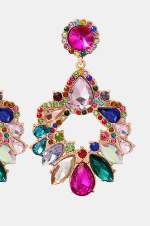 Multicolor jeweled chandelier drop earrings with alloy setting and faceted gems.