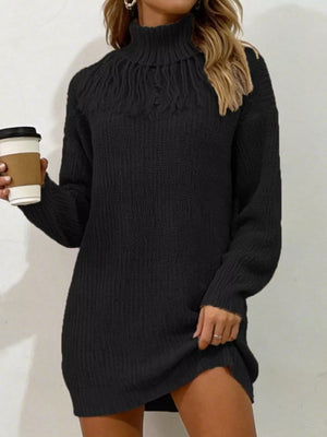 Khaki Full Size Turtleneck Fringe Sweater Dress