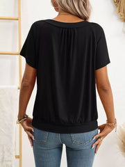 Black ruched V-neck t-shirt with banded hem and short sleeves.