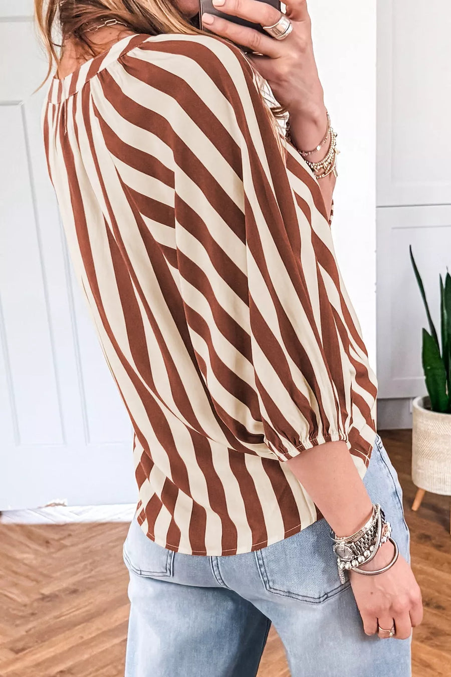 Camel with Striped Notched Half Sleeve Casual Blouse