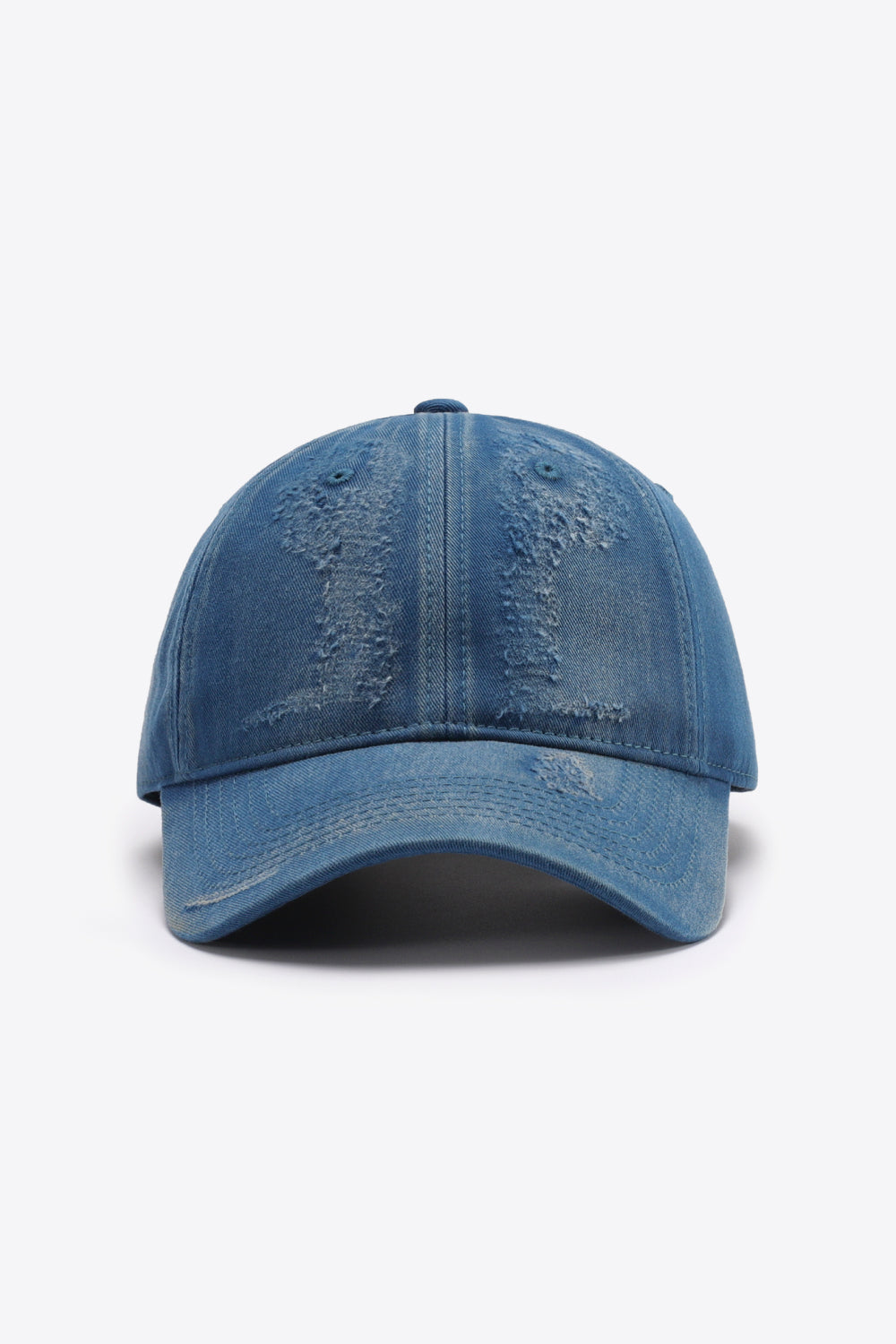 Distressed denim baseball cap in blue with adjustable strap