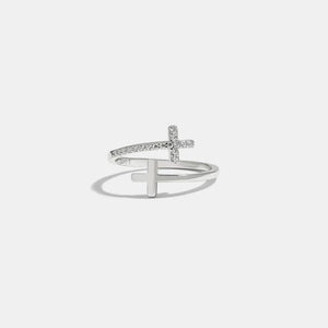 Silver open ring with two crossed crosses, one with pave crystals, made of 925 sterling silver.