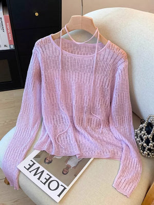 Pink Purple Long Sleeve Knit Top With Tie Detail