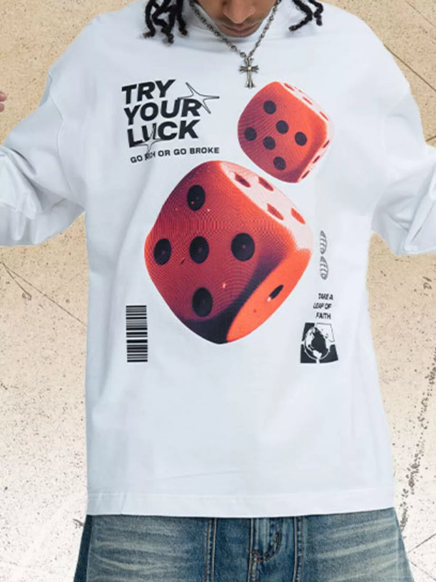 White cotton long sleeve tee with bold red dice graphic and text.
