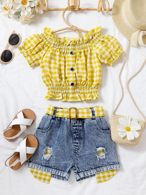 Yellow gingham off-shoulder top and distressed denim shorts set with matching belt.