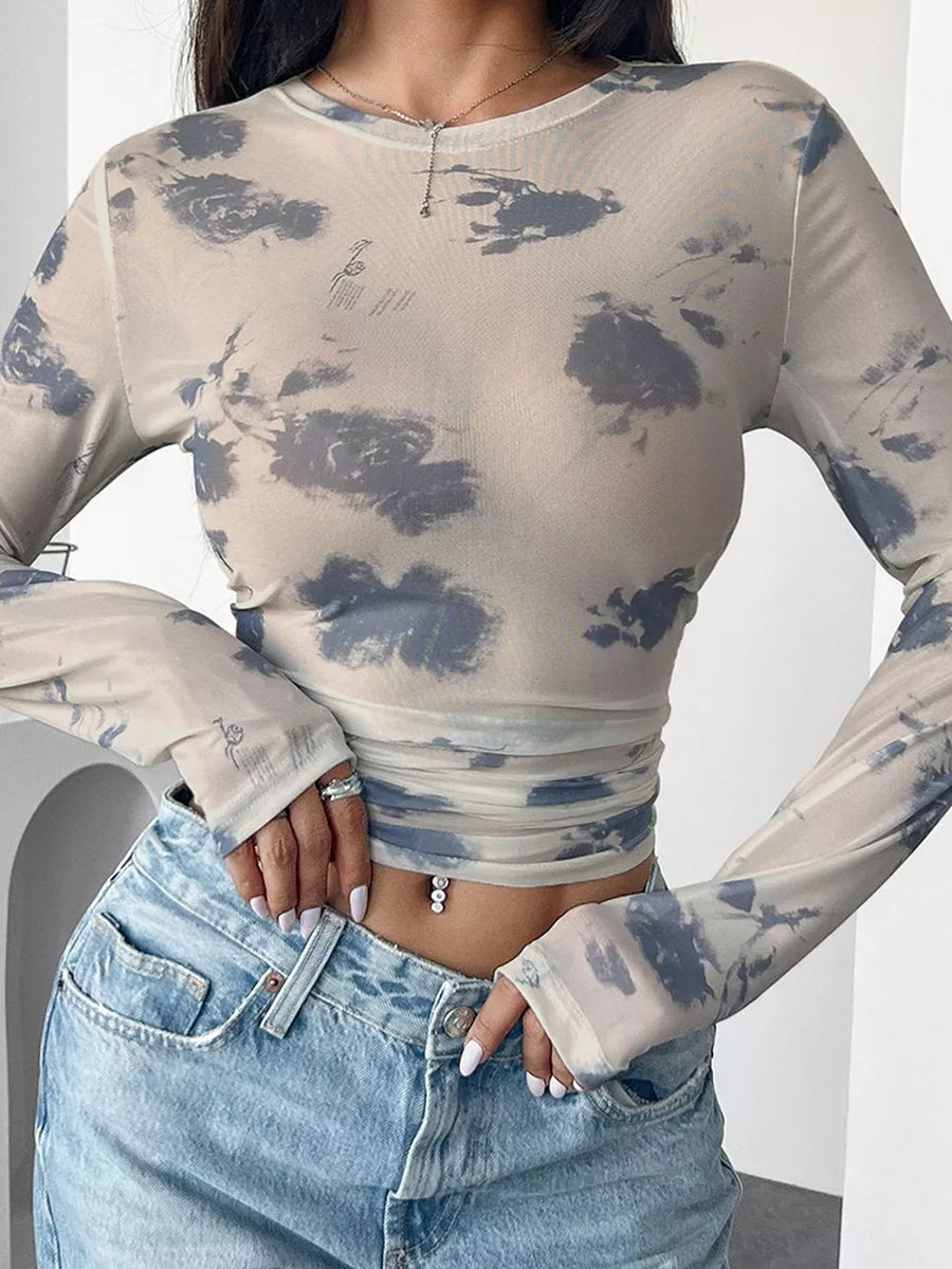 Beige Sheer Cloud Print Long Sleeve T-shirt