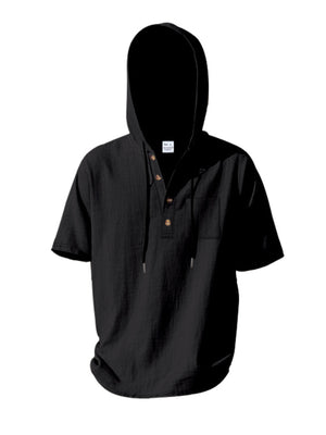Black short sleeve hooded shirt with button placket and chest pocket.