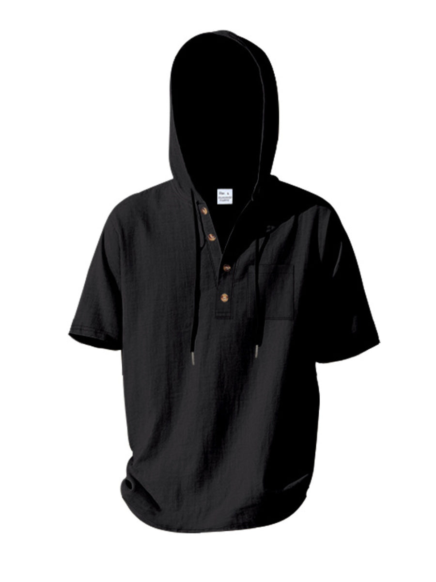 Black short sleeve hooded shirt with button placket and chest pocket.