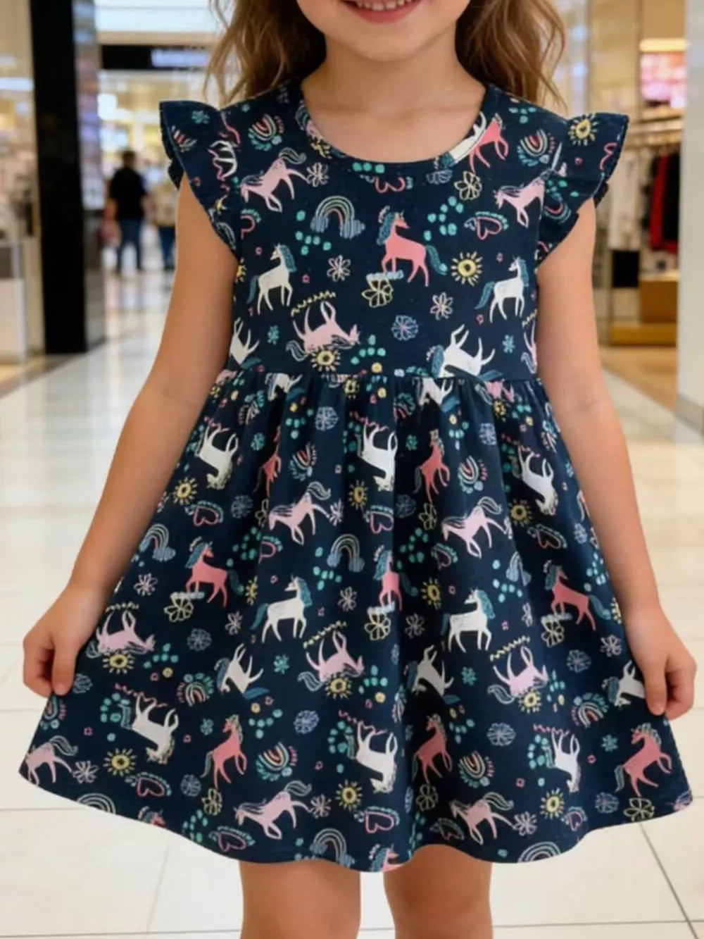 Navy unicorn print cotton dress with ruffle sleeves and a flared skirt.