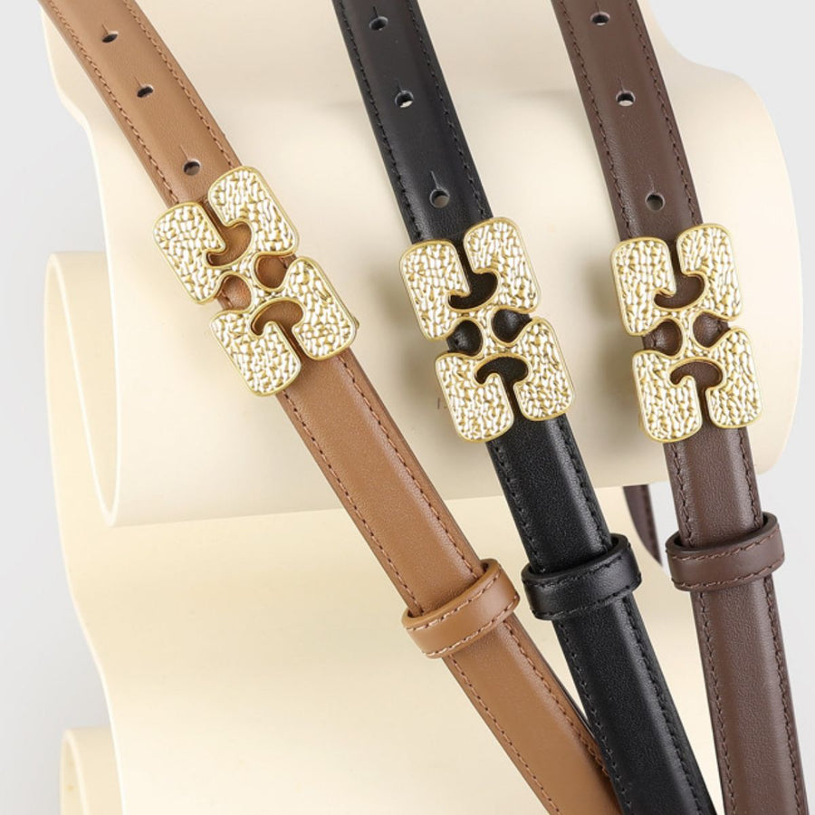 Textured buckle cowhide leather belts in brown, coffee brown, and black with gold hardware.