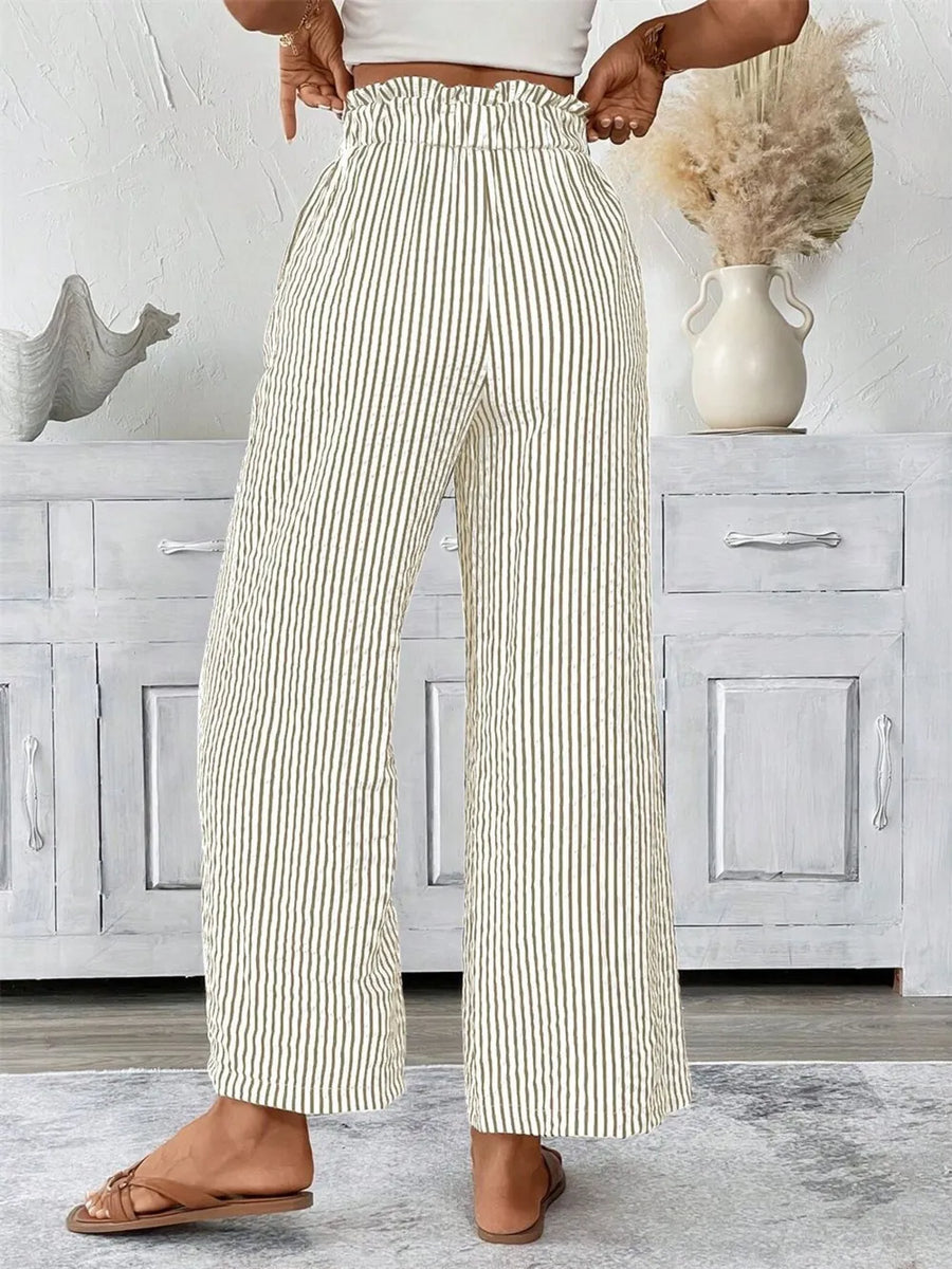 Maternity paper bag waist pants in army green and white vertical stripes, wide leg
