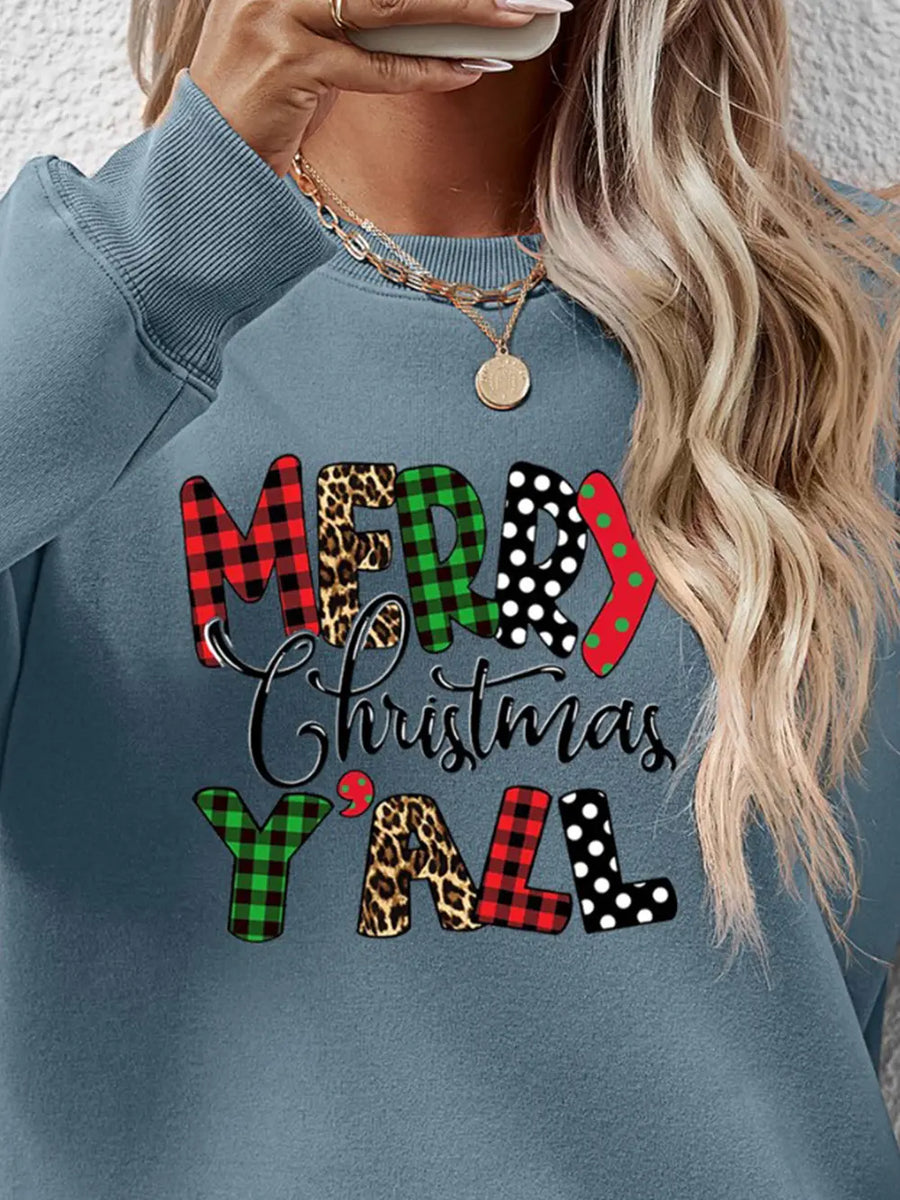 Misty Blue graphic sweatshirt with mixed print Merry Christmas Y'all text, crewneck, long sleeves.