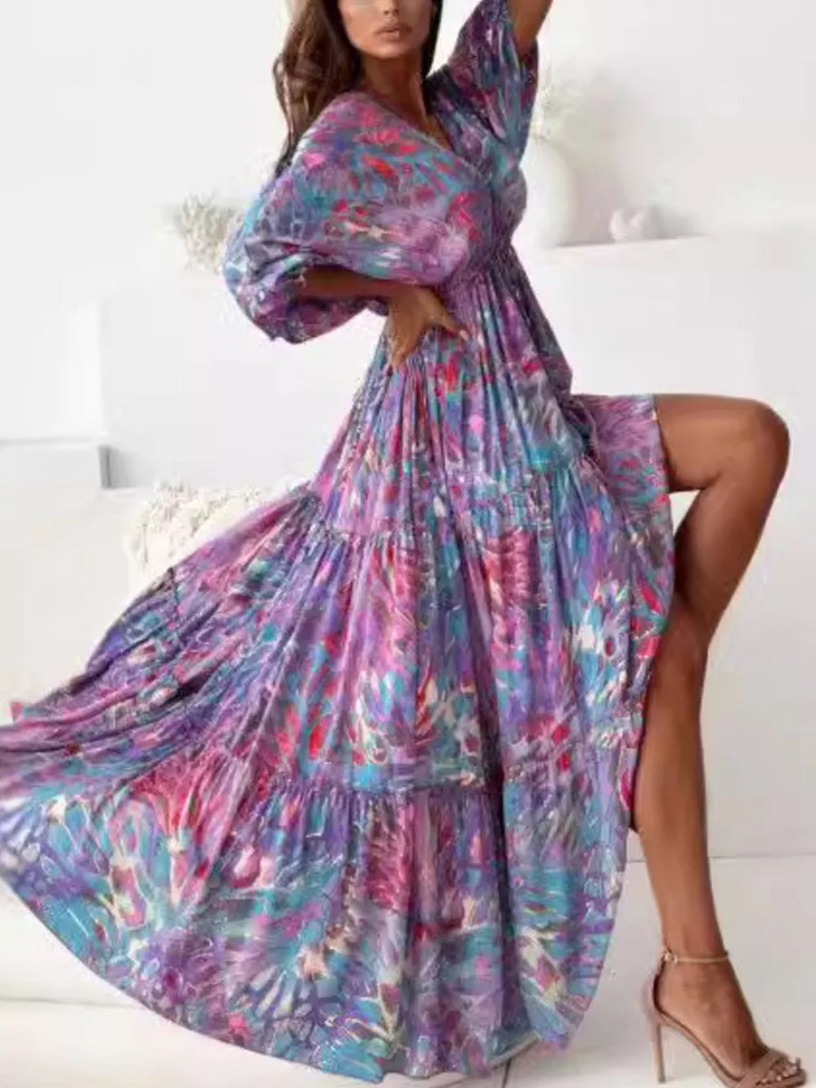 Printed V-neck Balloon Sleeve Maxi Dress in Blue