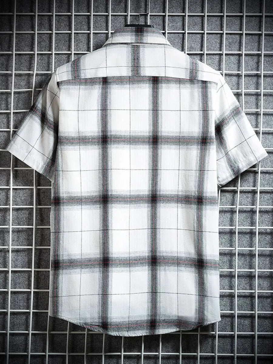 Classic plaid short-sleeve men's shirt in white with black and red checks, cotton.