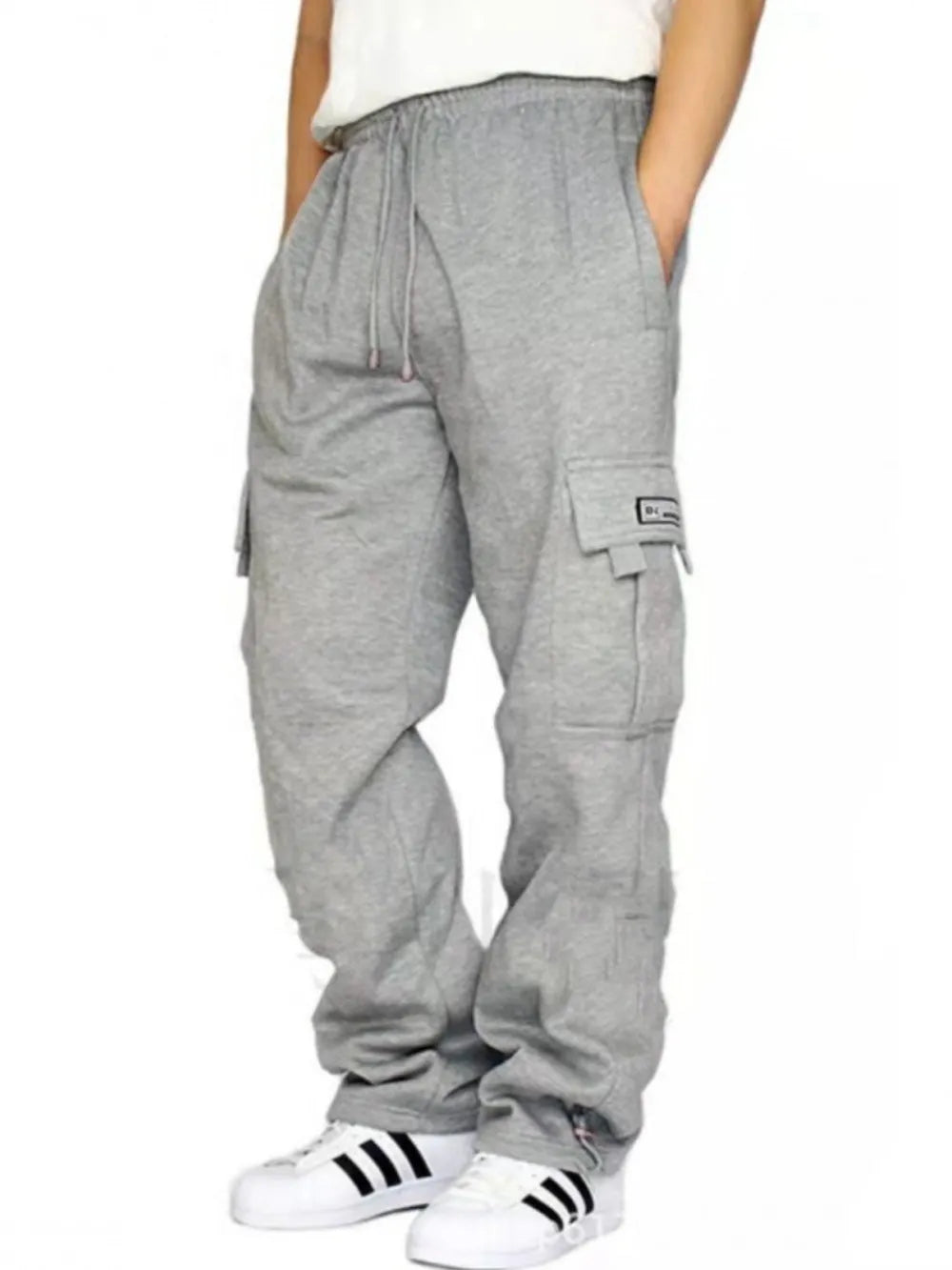 Gray fleece cargo lounge trousers with drawstring waist and side pockets.