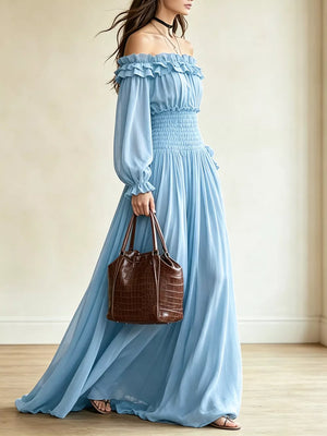 Off-shoulder Ruffled Maxi Dress With Smocked Waist in Light Blue with ruffled