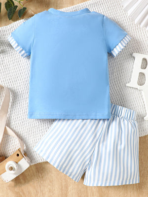 Baby blue cotton tee with striped cuffs and matching striped shorts.