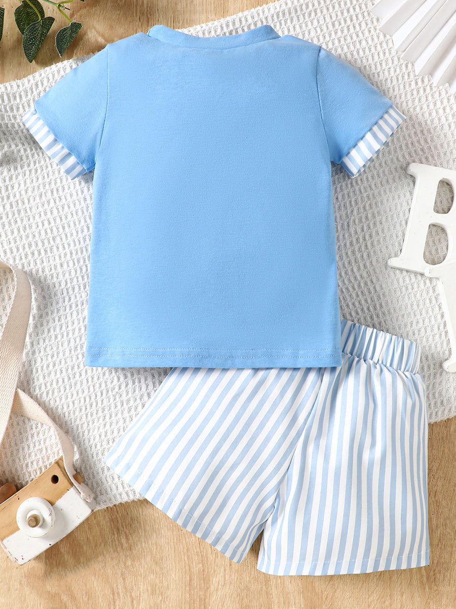 Baby blue cotton tee with striped cuffs and matching striped shorts.