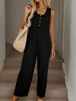 Black textured knit button-front sleeveless wide leg jumpsuit with scoop neck