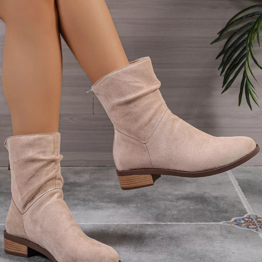 Khaki suede ankle boots with ruched detail and block heel