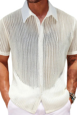 Ivory open-knit short-sleeve resort shirt with a button-up collar.